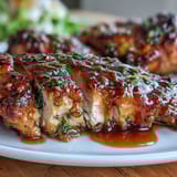 Maple Dijon Chicken Sweet Potato Bowls with roasted Brussels sprouts and brown rice, topped with pecans and cranberries.  