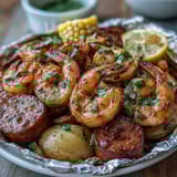 Vibrant Cajun shrimp and sausage foil packets with tender potatoes, sweet corn, and zesty lemon slices, all roasted to perfection.  