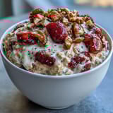 Creamy overnight oats with mashed banana, strawberries, and crunchy walnuts for a healthy breakfast treat.
