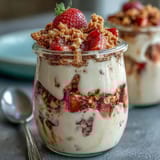 Velvety oats infused with cheesecake flavor, topped with juicy strawberries and a buttery graham cracker topping for a decadent breakfast.