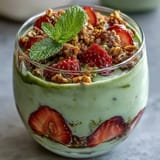 Refreshing strawberry matcha yogurt parfait topped with sliced strawberries and granola, perfect for a nutritious morning treat.  