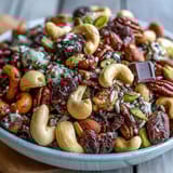 Homemade Trail Mix with Dark Chocolate features crunchy nuts, chewy dried fruits, and rich chocolate chunks in a colorful bowl.