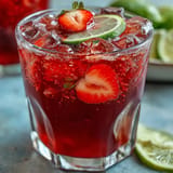 Refreshing Juneteenth Red Drink: Hibiscus Strawberry Lemonade ready to serve over ice.