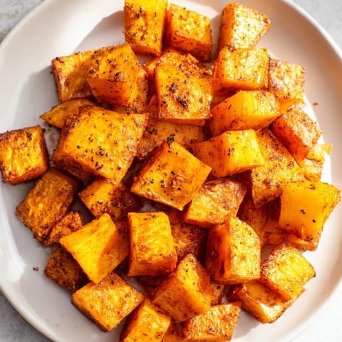 Golden-brown Roasted Sweet Potatoes, showcasing tender cubes ready to eat with a sprinkle of spices.