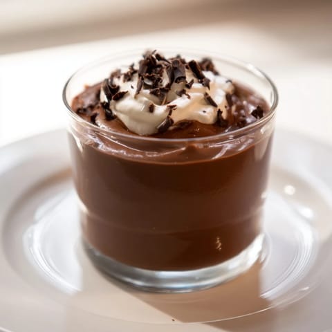 Rich, dark chocolate pudding with whipped cream topping, a delightful dessert for any occasion.