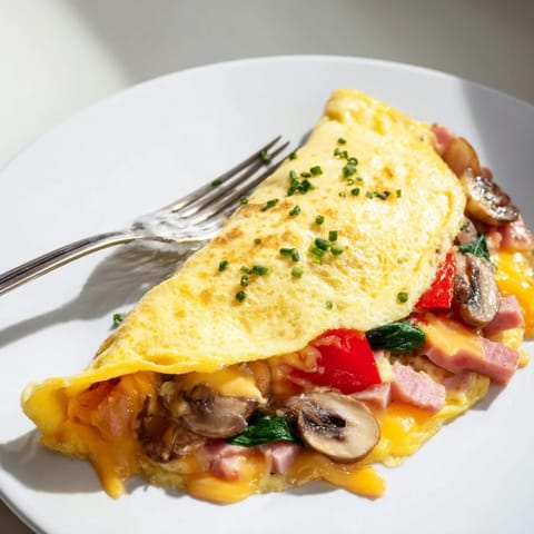 A freshly made omelet with cheese, fluffy and flavorful, perfect for a weekend brunch.