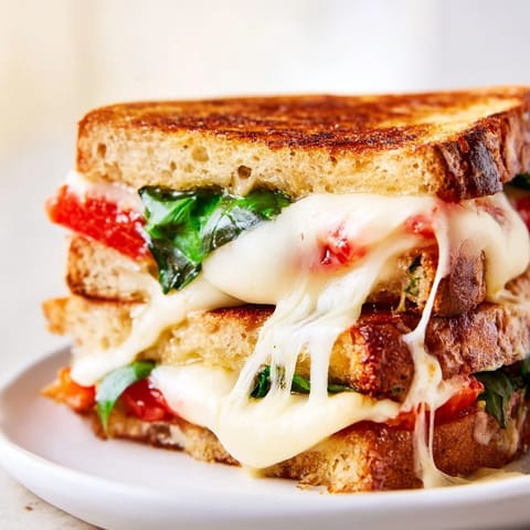 Two slices of tomato basil grilled cheese rest on a cutting board, showcasing melted mozzarella and fresh basil between golden sourdough bread.  