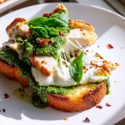 Fresh basil and red pepper flakes add color to this warm, open-faced Pesto Chicken Burrata Toast.  