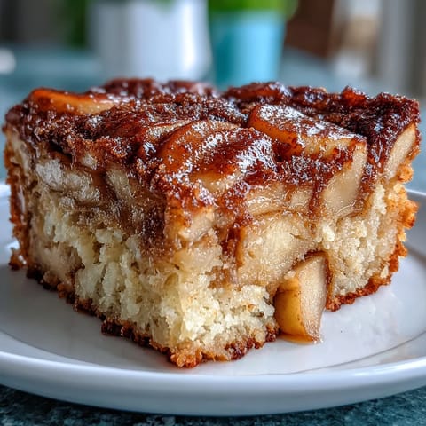 A slice of Dutch-inspired Baked Apple Cake served warm on a plate, revealing tender apple pieces in a soft, golden crumb.