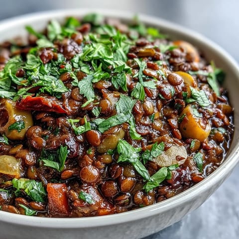 A close-up of Cuban-Inspired Lentil Picadillo, rich red-brown, garnished with fresh cilantro for a savory-sweet main dish.