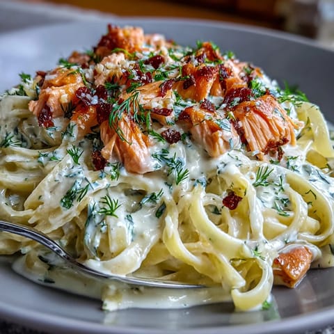 Creamy salmon pasta with flaked hot-smoked salmon and fresh dill in a silky lemon-cream sauce, served steaming in a rustic bowl.