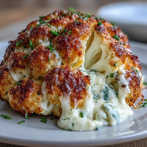 A whole roasted Cheesy Stuffed Cauliflower Head, golden brown and bubbling with creamy filling on a rustic tray.