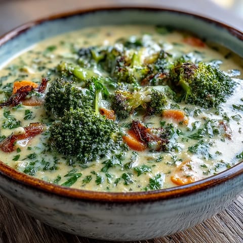 A bowl of creamy Roasted Broccoli Cheddar Soup, garnished with golden florets and fresh thyme.  