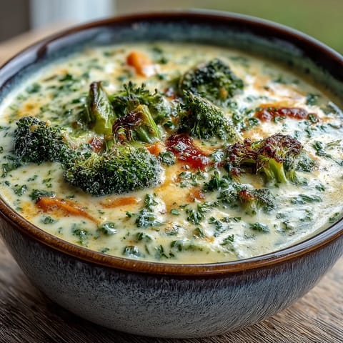 Golden roasted broccoli and melted sharp cheddar swirl together in this comforting soup.  