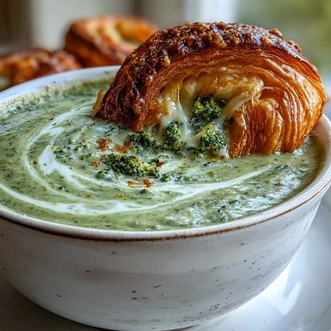 A vibrant bowl of Creamy Broccoli and Butternut Squash Soup With Pastries, featuring a smooth orange-green puree topped with a golden, flaky cheese-filled pastry.
