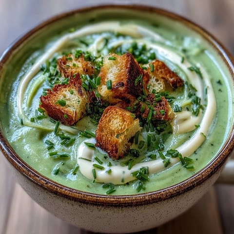 Velvety green cream of broccoli soup in a rustic bowl, steam rising and a drizzle of cream on top.  