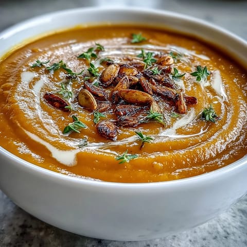 A close-up of Easy Roasted Butternut Squash Soup drizzled with cream, served with crusty bread on the side.
