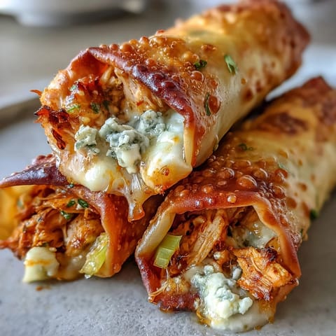 Freshly fried Buffalo Chicken Egg Rolls with a crispy golden wrapper, filled with spicy buffalo chicken, melted mozzarella, and crunchy vegetables.
