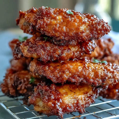 Freshly fried chicken wings coated in Thai sweet chili glaze, garnished with sliced scallions for a vibrant plate.