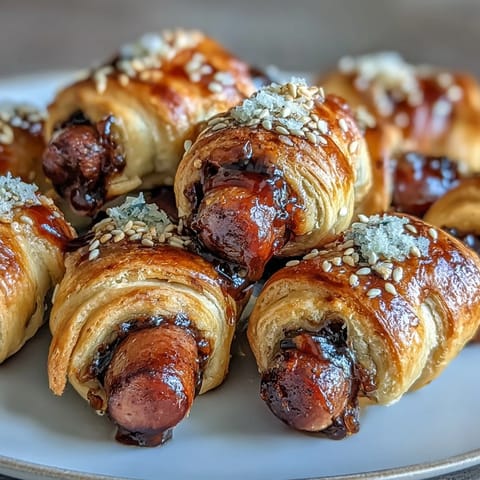 A serving platter of freshly baked Pepper Jelly Hogs in a Blanket, garnished with chives, invites dipping into spicy mustard. 