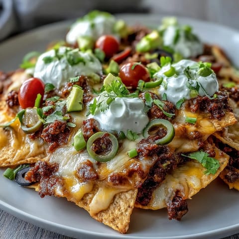 Freshly baked nachos featuring savory beef, gooey cheese, black beans, and vibrant tomatoes, ready for game day. 