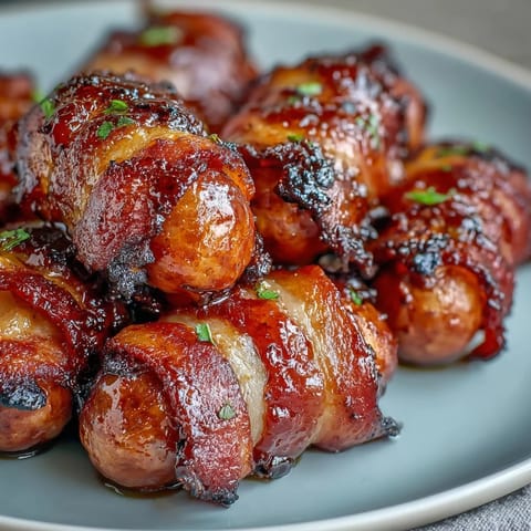 Crispy bacon-wrapped smokies on a platter, glistening with brown sugar glaze, perfect for game day.