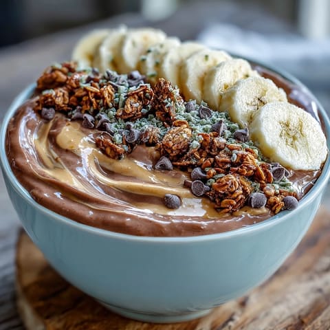 A close-up of a Chunky Monkey smoothie bowl topped with sliced bananas and granola, drizzled with peanut butter and sprinkled with cacao nibs and seeds.