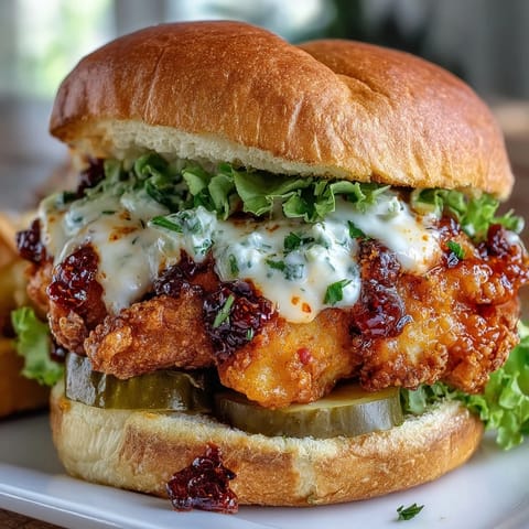 Golden-brown, ultra-crispy fried chicken breasts piled high on a toasted brioche bun for the Spicy Chicken Sandwich. 
