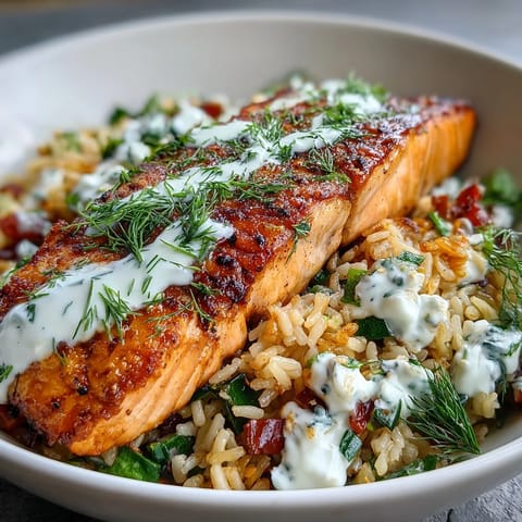 Pan-seared salmon fillet atop golden, crispy rice with Mediterranean vegetables and a lemon-yogurt drizzle.