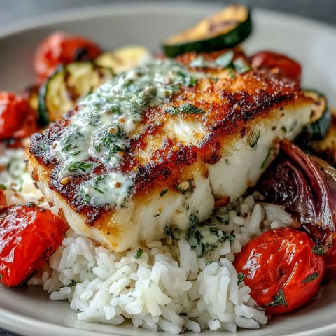 Bright Pan-Seared Fish Bowl topped with zesty lemon sauce drizzle, fresh parsley, and vibrant roasted veggies.