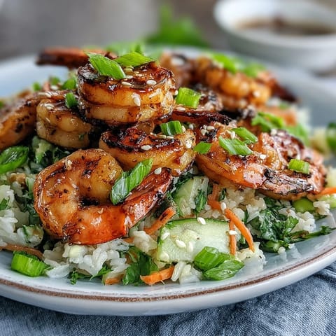 Grilled Asian Shrimp Bowl with ginger-sesame dressing, jasmine rice, edamame, and fresh veggies served in a bowl.