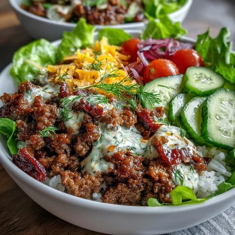 Drizzled with creamy burger sauce, these High-Protein Cheeseburger Bowls are garnished with dill pickles and red onion.