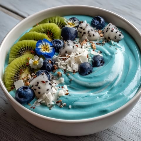 Spoon-ready Whimsical Healthy Mermaid Smoothie Bowl featuring dragon fruit and coconut flakes, served in a ceramic bowl.
