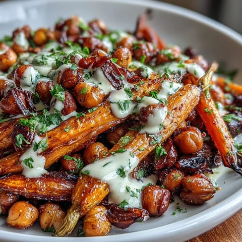 A fresh serving of One-Pan Roasted Carrot and Chickpea Bowl over quinoa, garnished with parsley and ready to enjoy.