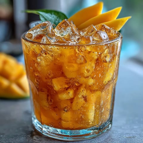 Glass pitcher filled with bright orange Mango Iced Tea, condensation on the sides, served over ice with a fresh mango slice garnish.
