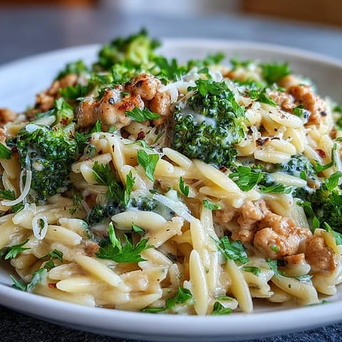 Creamy Garlic Turkey & Broccoli Orzo served in a bowl, featuring tender turkey mince, bright green broccoli florets, and orzo in a rich parmesan sauce, garnished with fresh parsley.