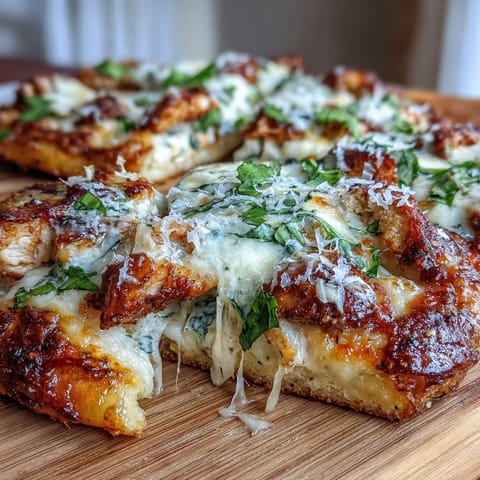 Sliced Garlic Naan Chicken Caesar Pizzas reveal golden edges, drizzled Caesar dressing, and shaved parmesan for a savory bite.