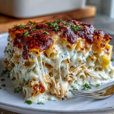 Sizzling Greek Yogurt Chicken Alfredo Bake in a baking dish, blended with wilted spinach, garlic, and plenty of gooey cheese.