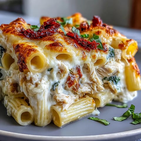 A baked pasta dish topped with bubbling cheese, sun-dried tomatoes, and fresh herbs, served hot from the oven for dinner.