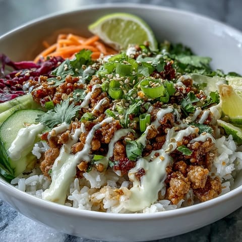 Spicy Bang Bang Turkey Rice Bowls topped with vibrant carrots, purple cabbage, cucumber, and a creamy drizzle of bang bang sauce.
