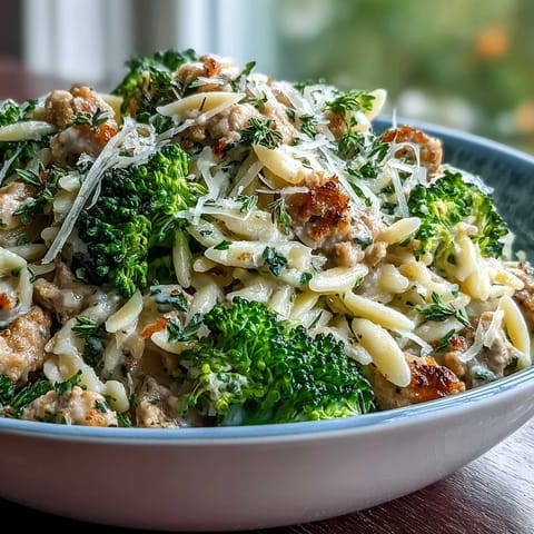 A close-up view of Creamy Garlic Turkey & Broccoli Orzo, featuring tender ground turkey and silky garlic cream sauce coating the small pasta grains.