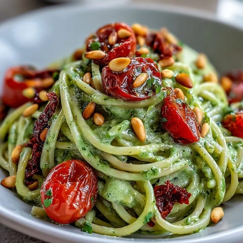 A bowl of creamy vegan avocado lime pasta with cherry tomatoes, garnished with fresh basil and toasted pine nuts for a fresh, flavorful meal.