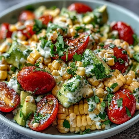 A vibrant bowl of fresh corn and tomato salad with creamy avocado slices and a tangy lime dressing, perfect for summer picnics.  