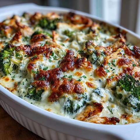 Creamy low-carb casserole featuring fresh broccoli, shredded chicken, and rich cheddar sauce.  
