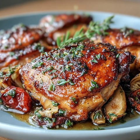 One-Pan Mediterranean Chicken with Olives and Artichokes: golden chicken thighs sizzling with artichokes, olives, and cherry tomatoes in a vibrant skillet meal.  