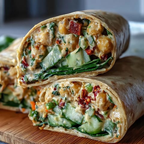 Colorful vegan coconut curry chickpea salad wraps with creamy chickpea filling, crisp vegetables, and fresh herbs in soft tortillas, perfect for a healthy lunch.