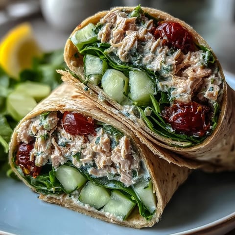 Fresh tuna and white bean salad wrap with crisp veggies and zesty lemon dressing in whole wheat tortilla.  