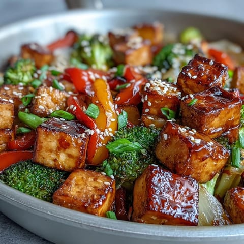 Colorful vegan sheet pan stir-fry with golden tofu, crisp broccoli, and peppers glazed in savory teriyaki sauce.  