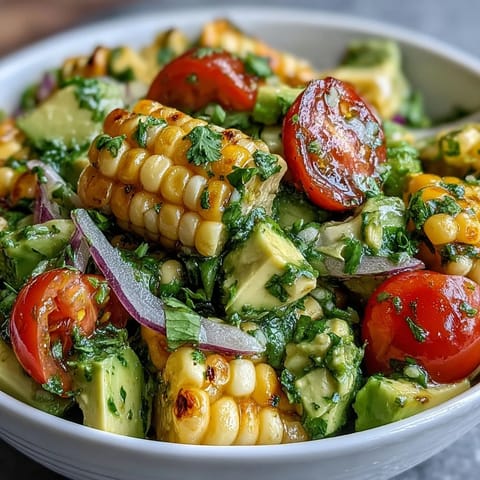 Fresh summer salad with sweet corn, juicy tomatoes, creamy avocado, and zesty lime vinaigrette, perfect for light meals.