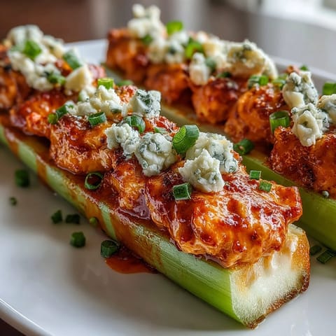 Zesty buffalo chicken filling nestled in crisp celery, garnished with crumbled blue cheese.